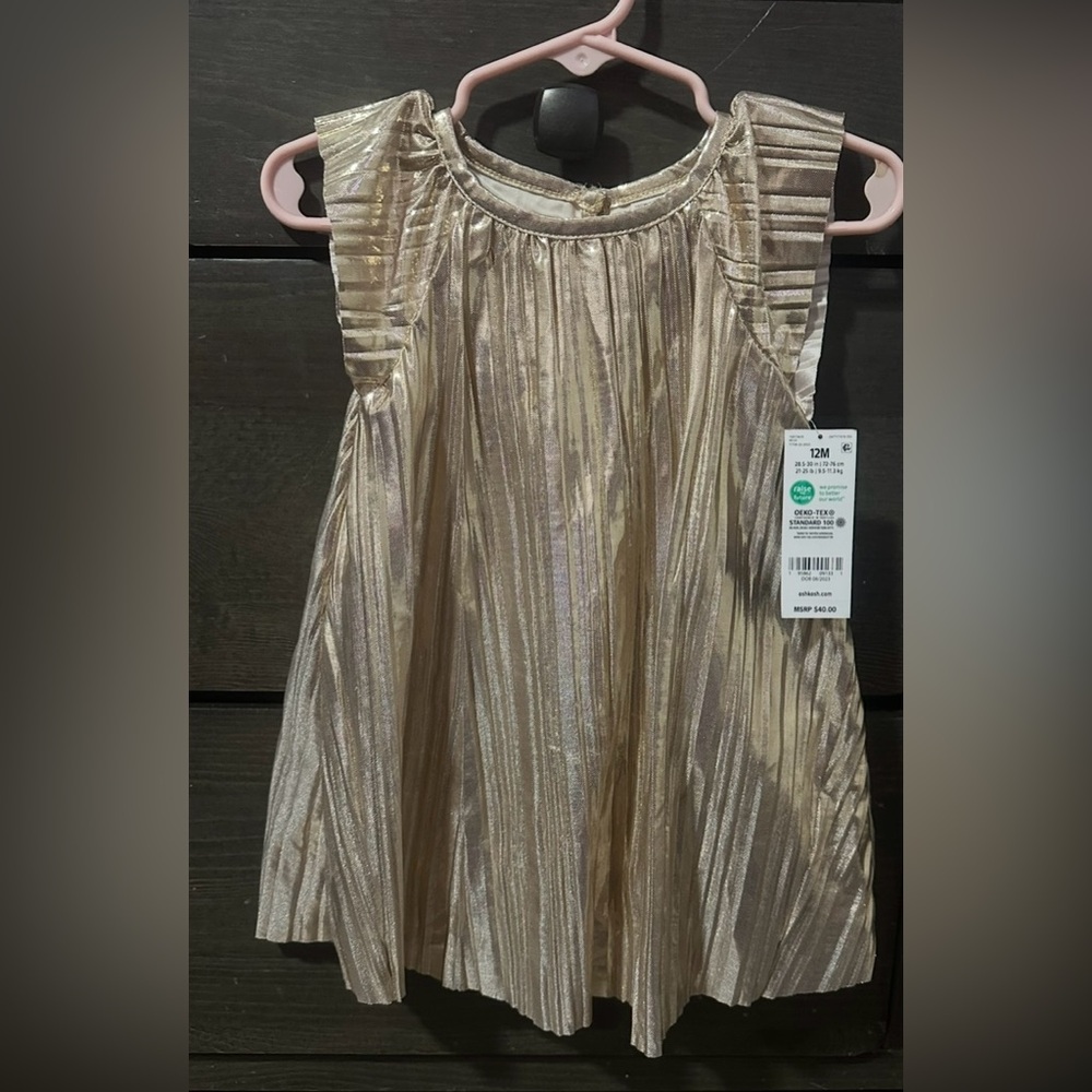 Baby B’gosh Gold Metallic Pleated Dress 12M Sleeveless NWT